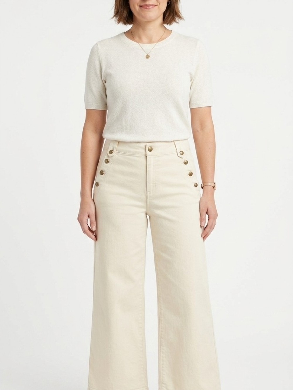 St. John's Bay Cream Wide-Leg Jeans with Button Accent